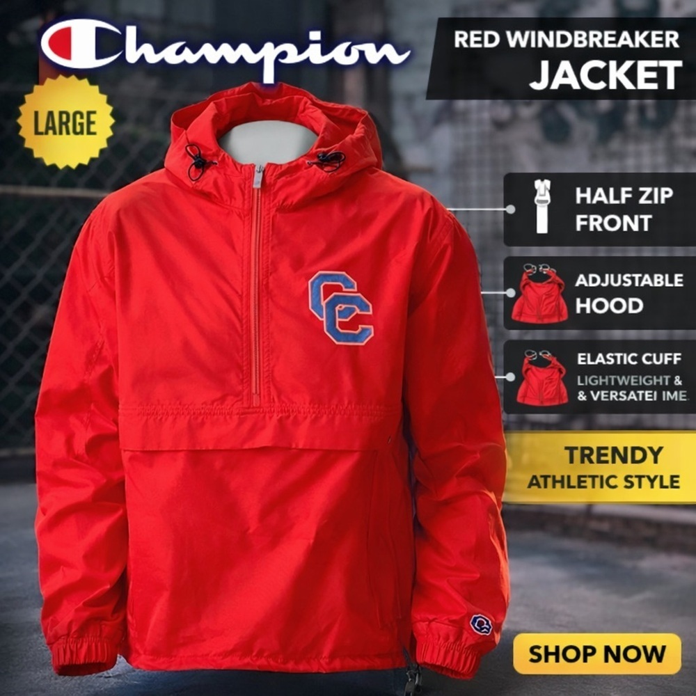 Champion Red Half Zip Windbreaker Jacket L Lightweight Hooded Pullover CC Logo